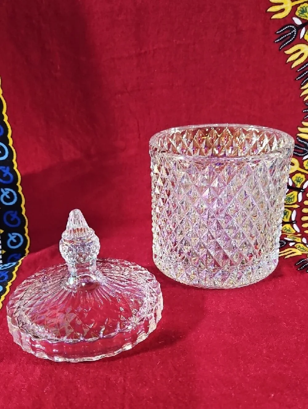 Irridescant Crystal Cut Glass Lidded Candy Dish Jar Diamond Point